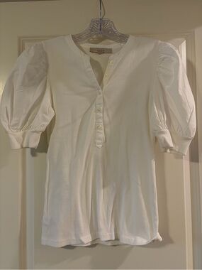 LOFT Puff Sleeve Henley Top in White XS